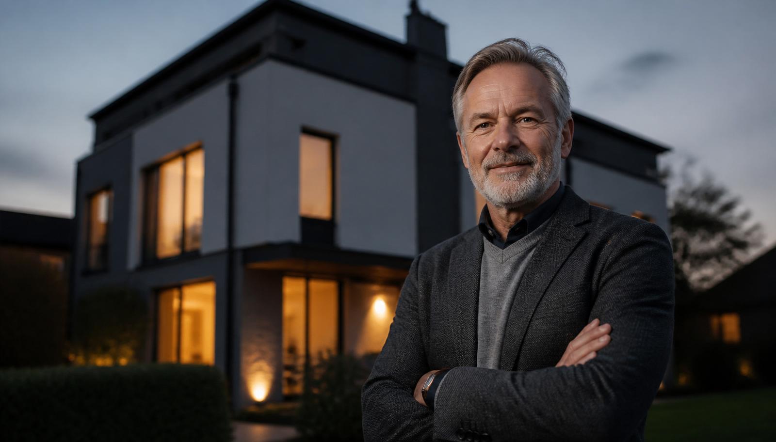 Jörg Frede vor einem modern sanierten Wohngebäude im Abendlicht