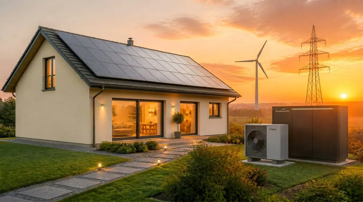 Modernes Effizienzhaus mit Solarmodulen, Wärmepumpe, Schwarmspeicher, Windrad und Strommast im Abendlicht